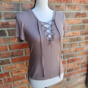 Y2K Tillys Sky And Sparrow Womens Small Taupe Deep V Neck Lace Up Front Shirt